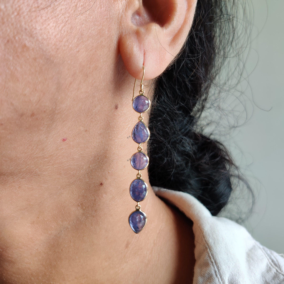 14K Solid Yellow Gold Natural Tanzanite Drop Earrings, December Birthstone
