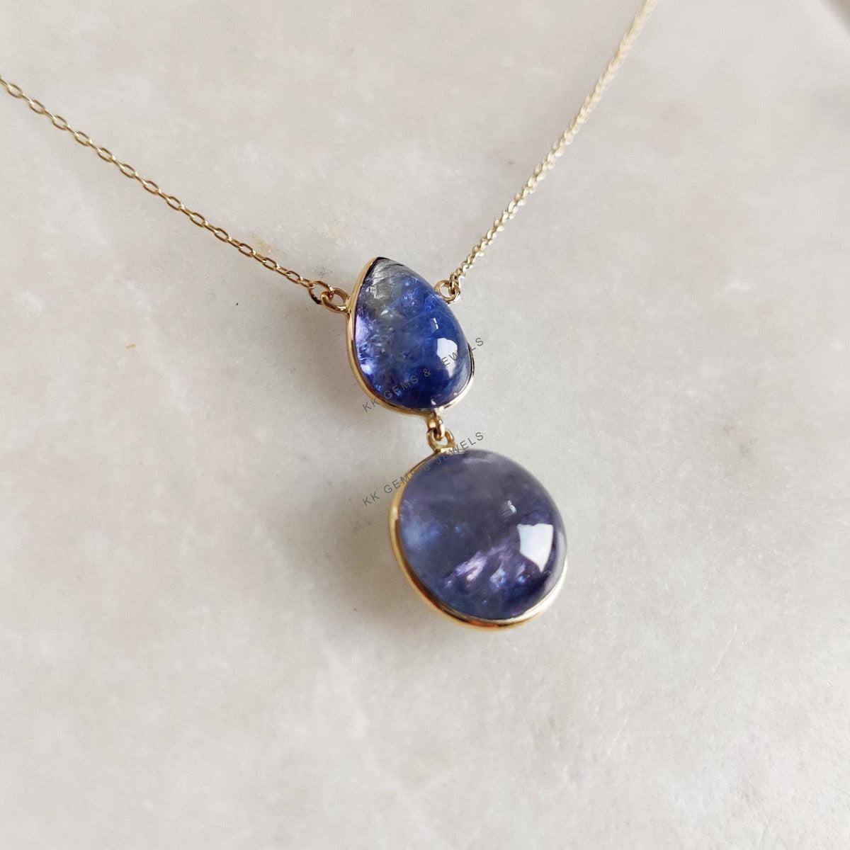 Natural Bi-Color Tanzanite Necklace: 14K Solid Yellow Gold Bezel Pendant, December Birthstone