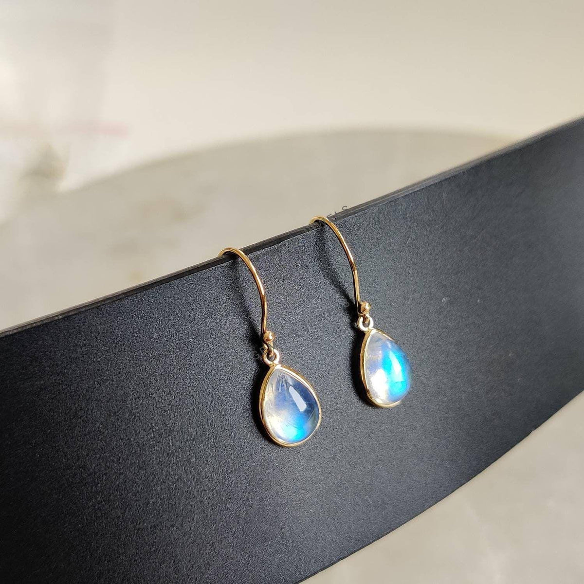 14K Solid Yellow Gold Natural Rainbow Moonstone Pear Earrings: June Birthstone