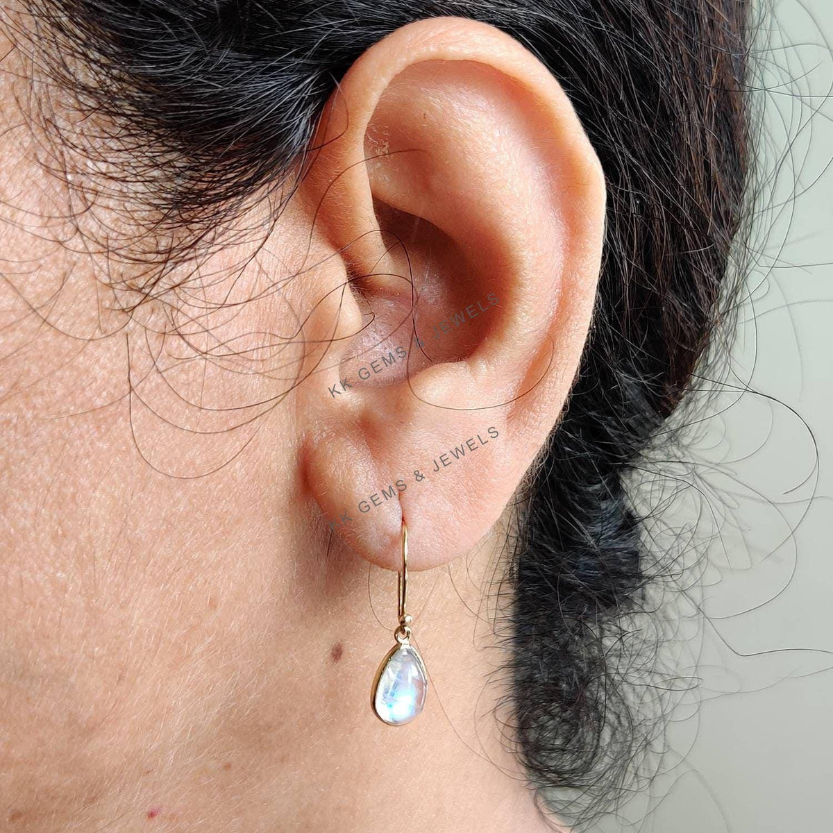 14K Solid Yellow Gold Natural Rainbow Moonstone Pear Earrings: June Birthstone