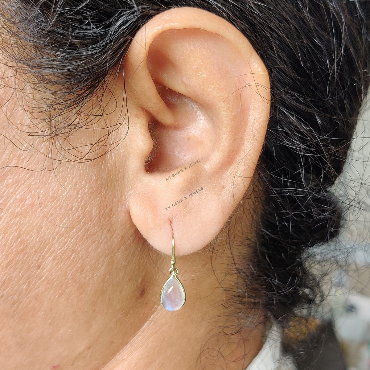14K Solid Yellow Gold Natural Rainbow Moonstone Pear Earrings: June Birthstone