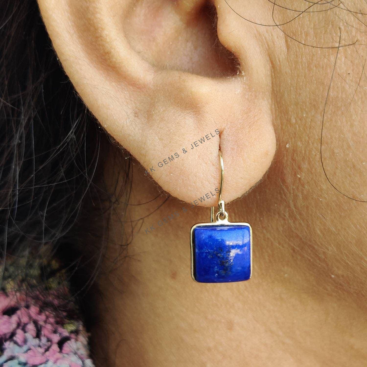 14K Solid Yellow Gold Natural Lapis Lazuli Earrings: Square Bezel Set, September Birthstone
