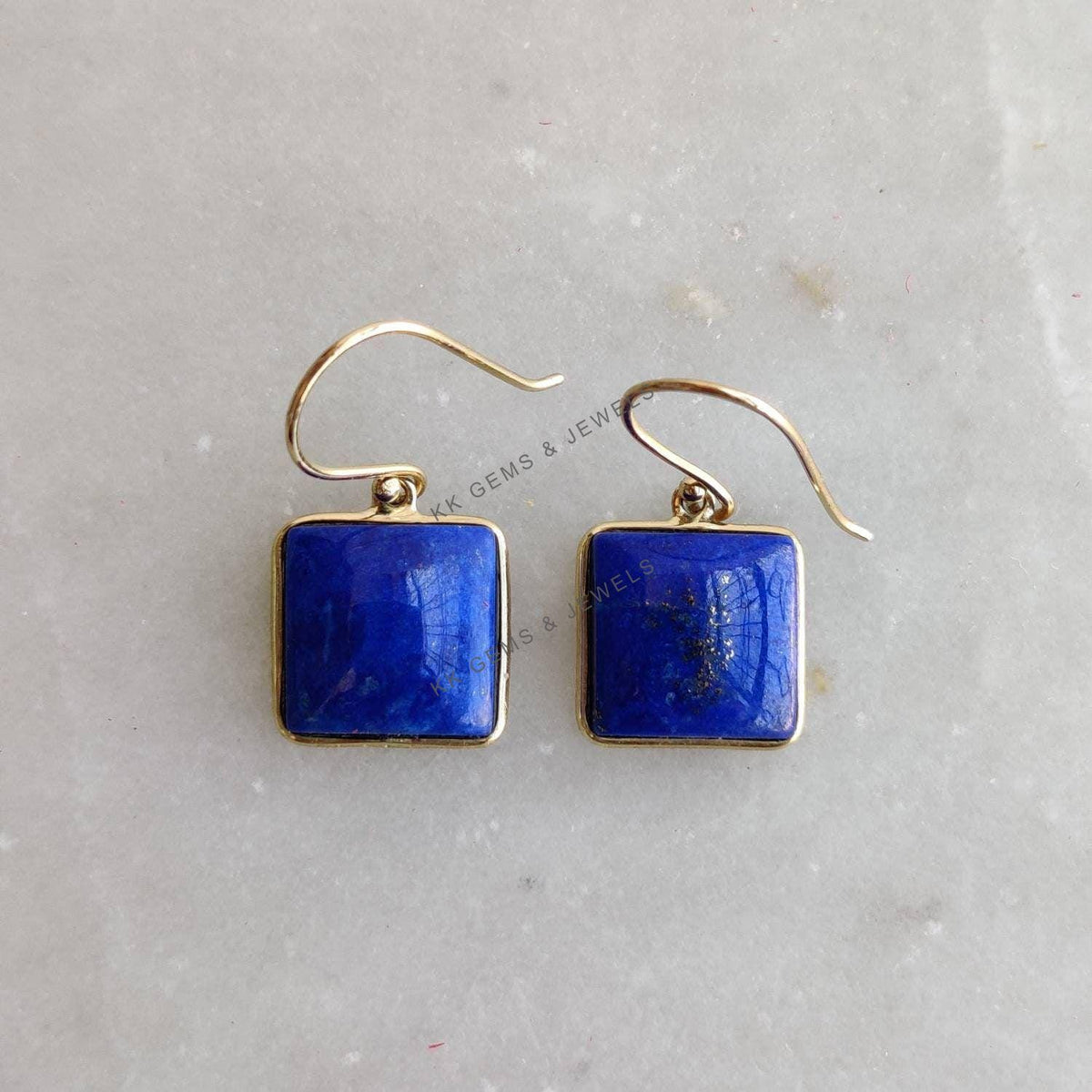 14K Solid Yellow Gold Natural Lapis Lazuli Earrings: Square Bezel Set, September Birthstone