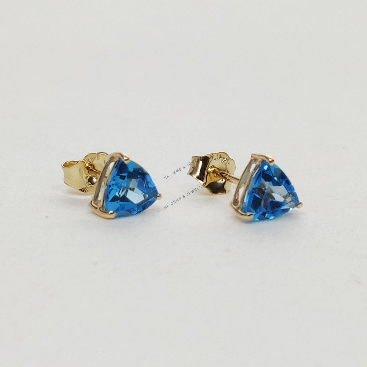Natural Swiss Blue Topaz Stud Earrings, 14K Solid Yellow Gold, Trillion Cut
