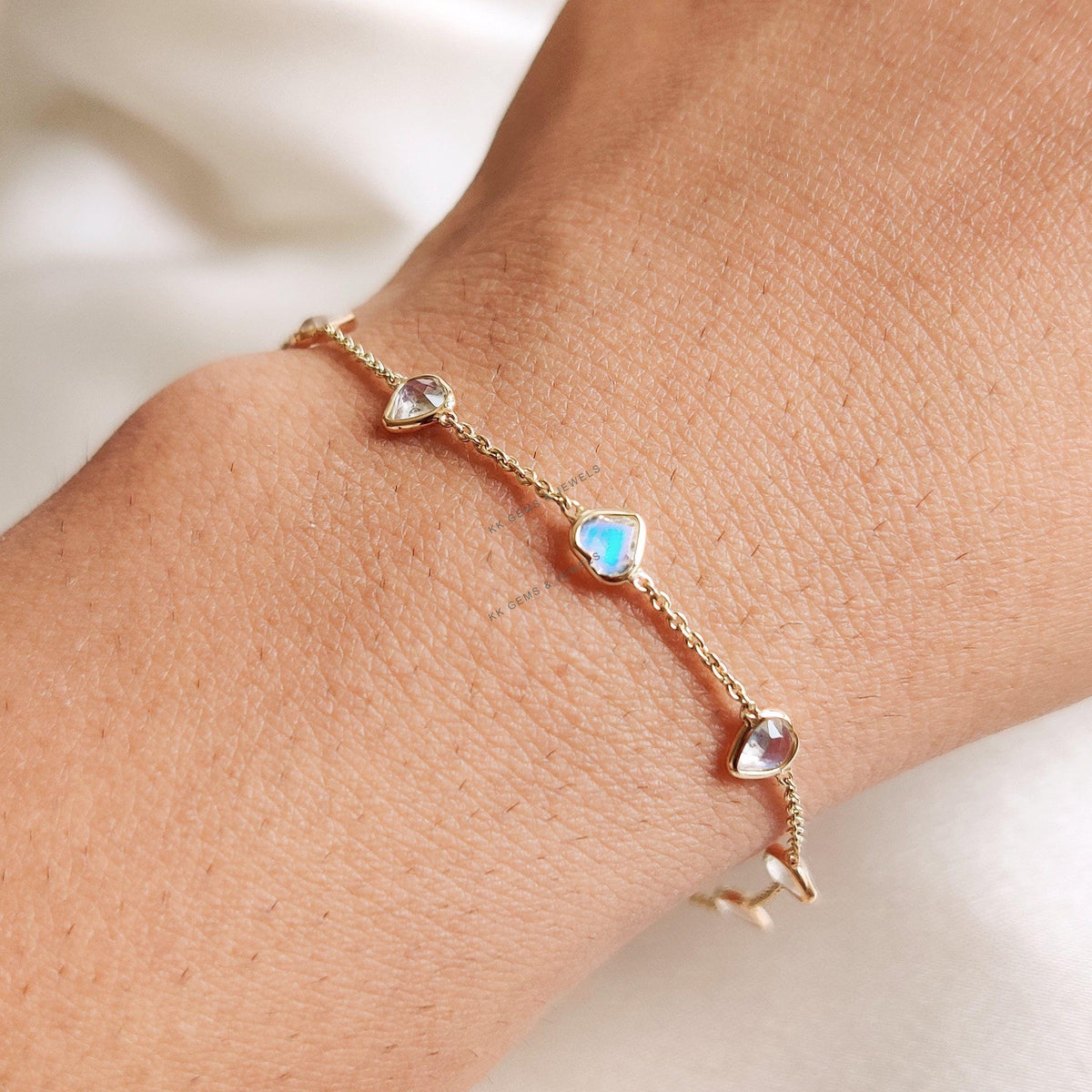 Natural Rainbow Moonstone Heart Bracelet, 14K Solid Yellow Gold Bezel, June Birthstone