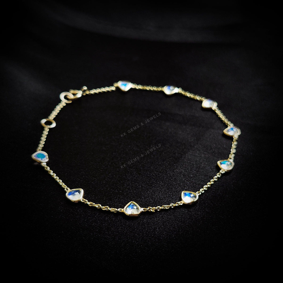 Natural Rainbow Moonstone Heart Bracelet, 14K Solid Yellow Gold Bezel, June Birthstone