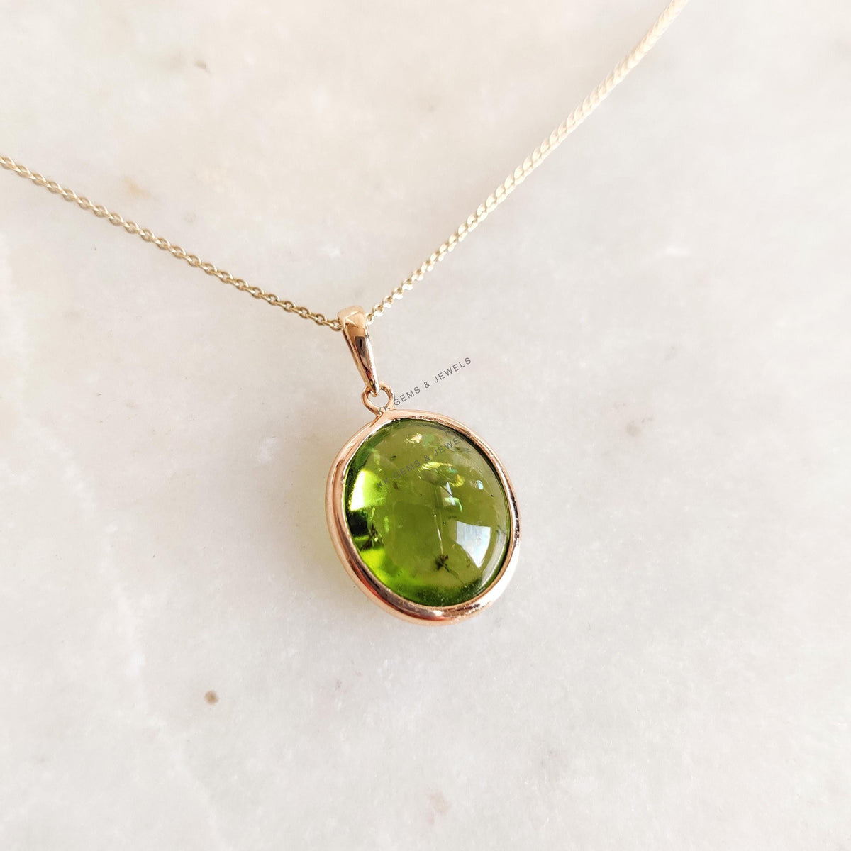 14K Solid Yellow Gold Natural Peridot Pendant, Oval Cabochon, August Birthstone