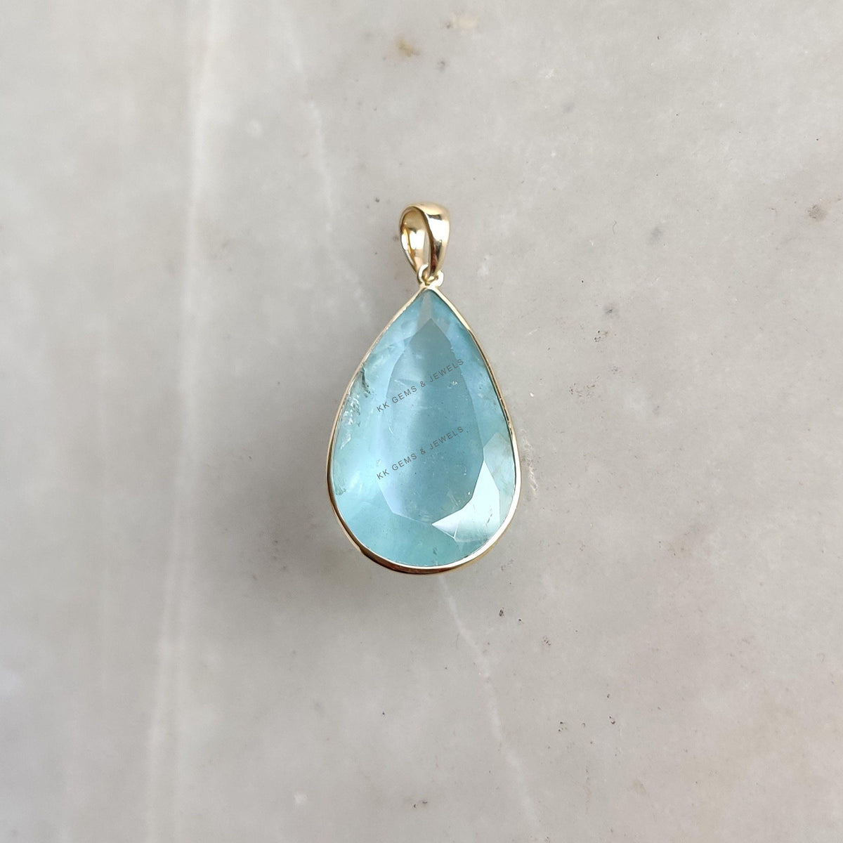 Pear Natural Aquamarine Pendant, 14K Solid Yellow Gold Bezel Pendant, March Birthstone