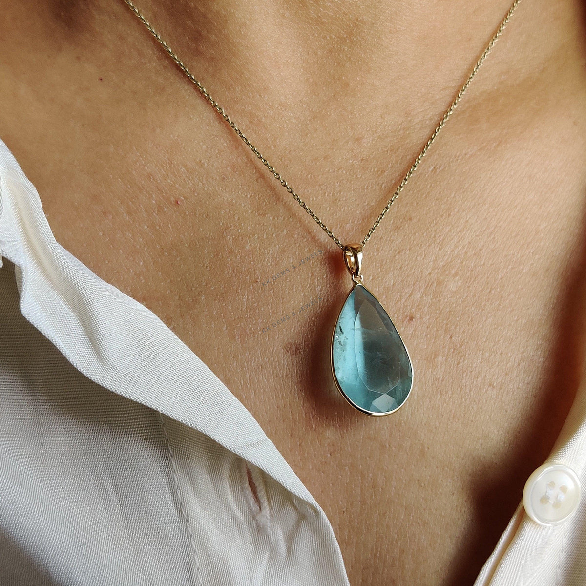 Pear Natural Aquamarine Pendant, 14K Solid Yellow Gold Bezel Pendant, March Birthstone