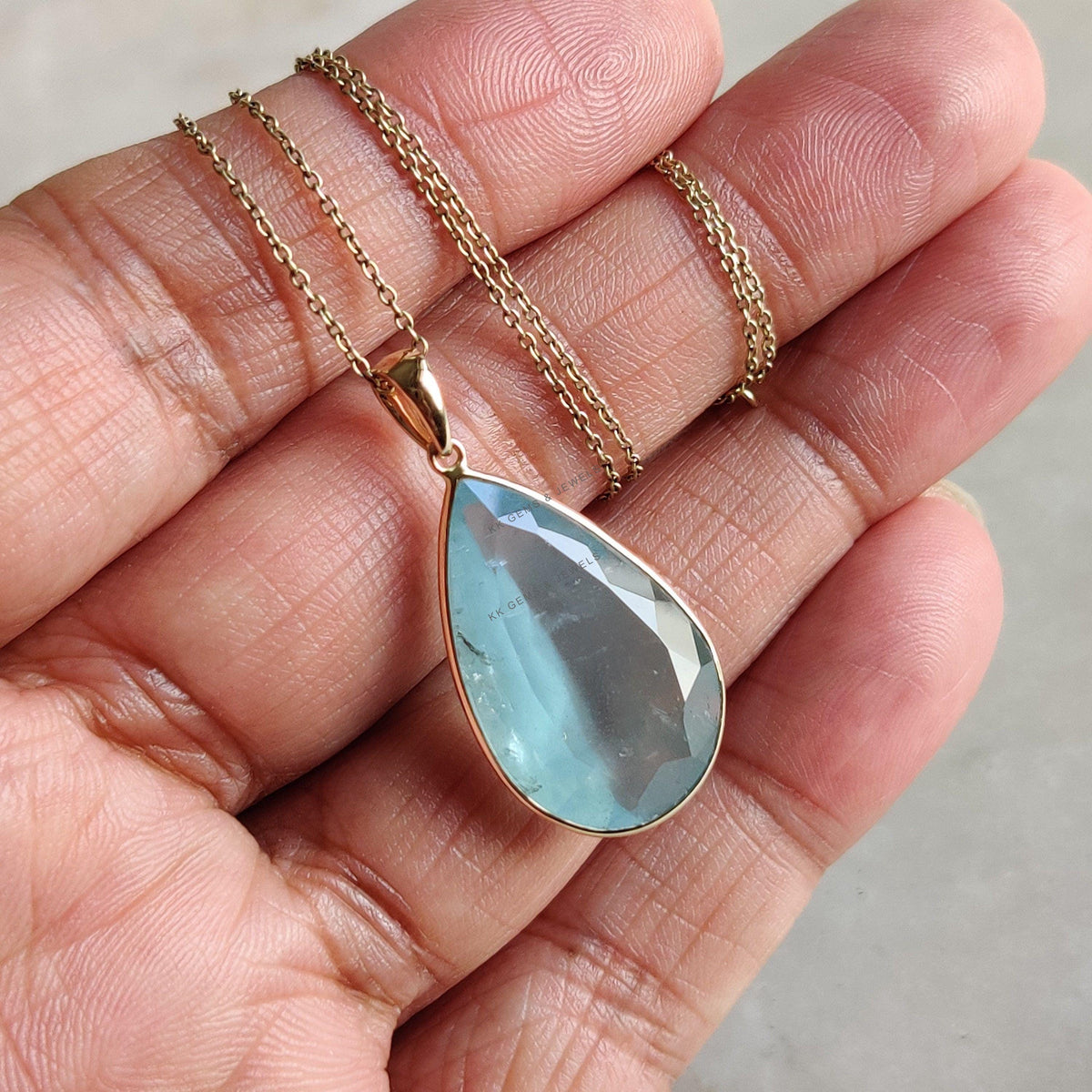 Pear Natural Aquamarine Pendant, 14K Solid Yellow Gold Bezel Pendant, March Birthstone