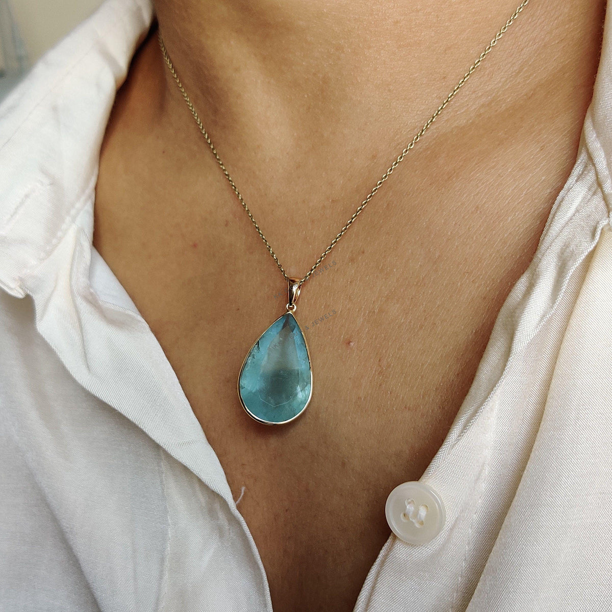 Pear Natural Aquamarine Pendant, 14K Solid Yellow Gold Bezel Pendant, March Birthstone