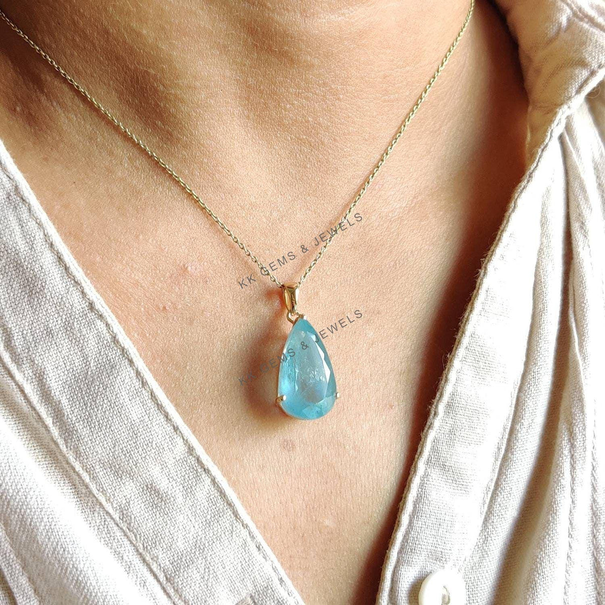 Pear Natural Aquamarine Pendant, 14K Solid Yellow Gold Prong Setting, March Birthstone