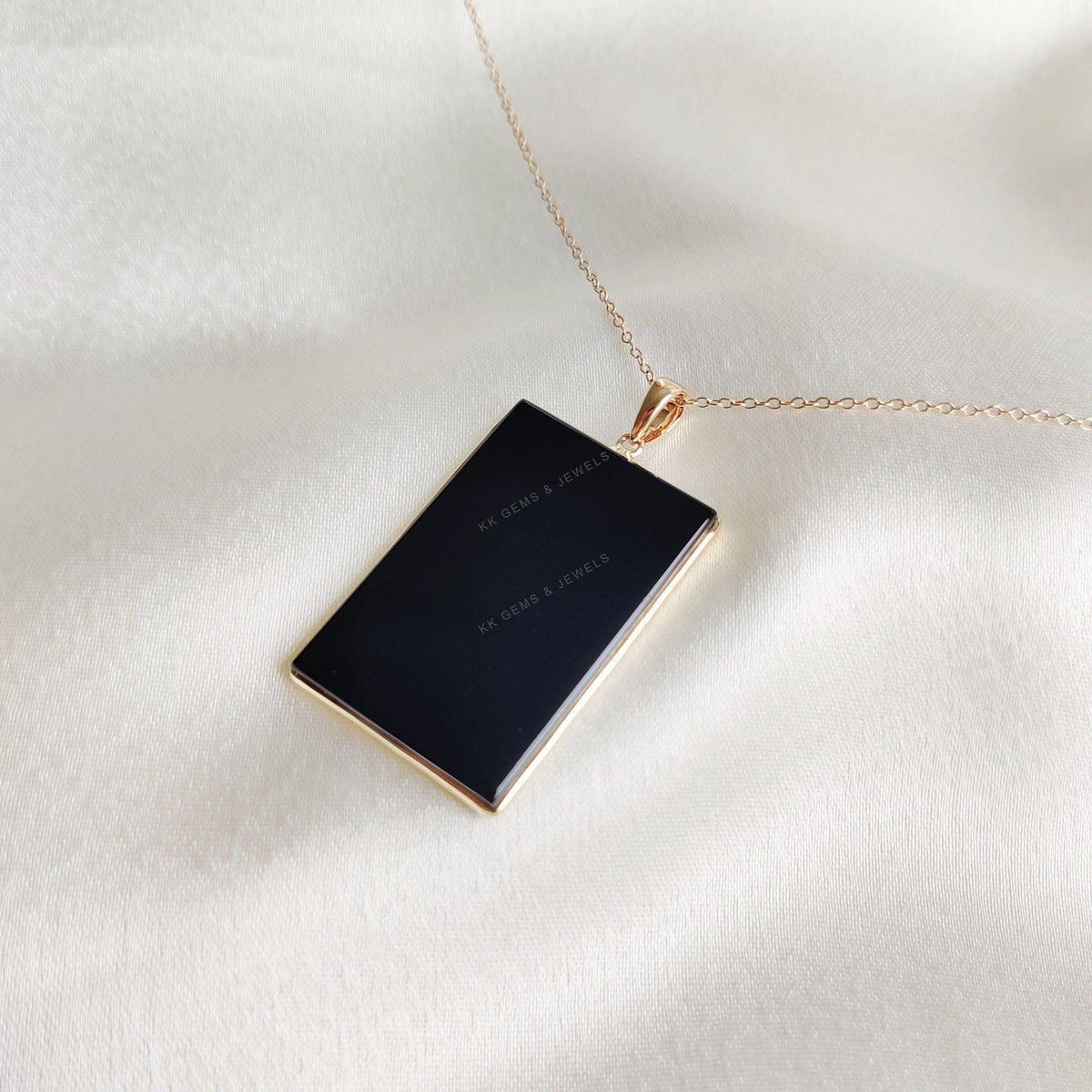 14K Solid Gold Natural Black Onyx Pendant, Rectangle December Birthstone