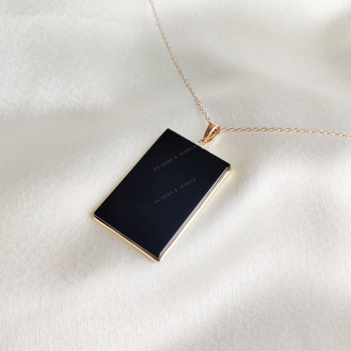 14K Solid Gold Natural Black Onyx Pendant, Rectangle December Birthstone
