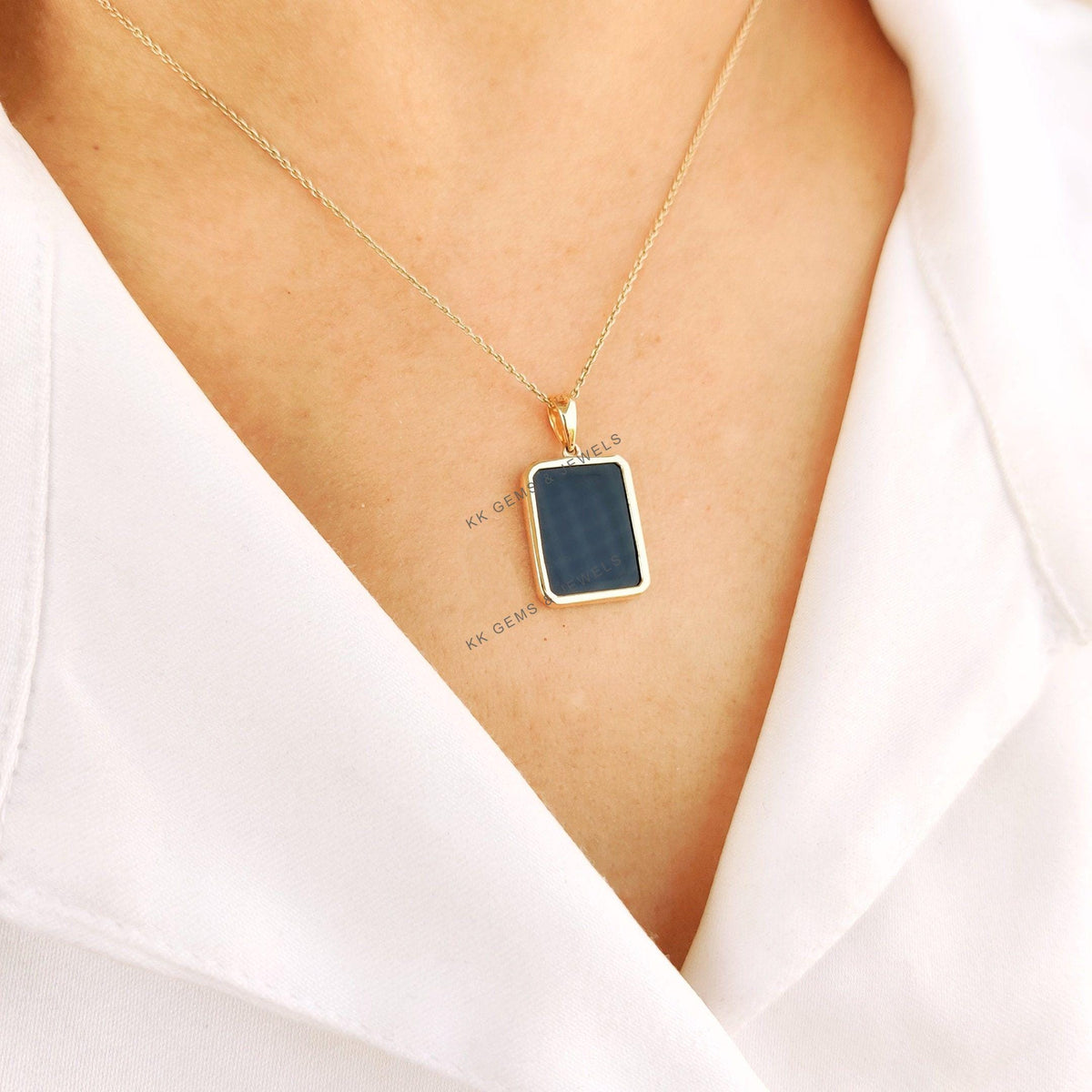 14K Solid Yellow Gold Natural Black Onyx Pendant, December Birthstone