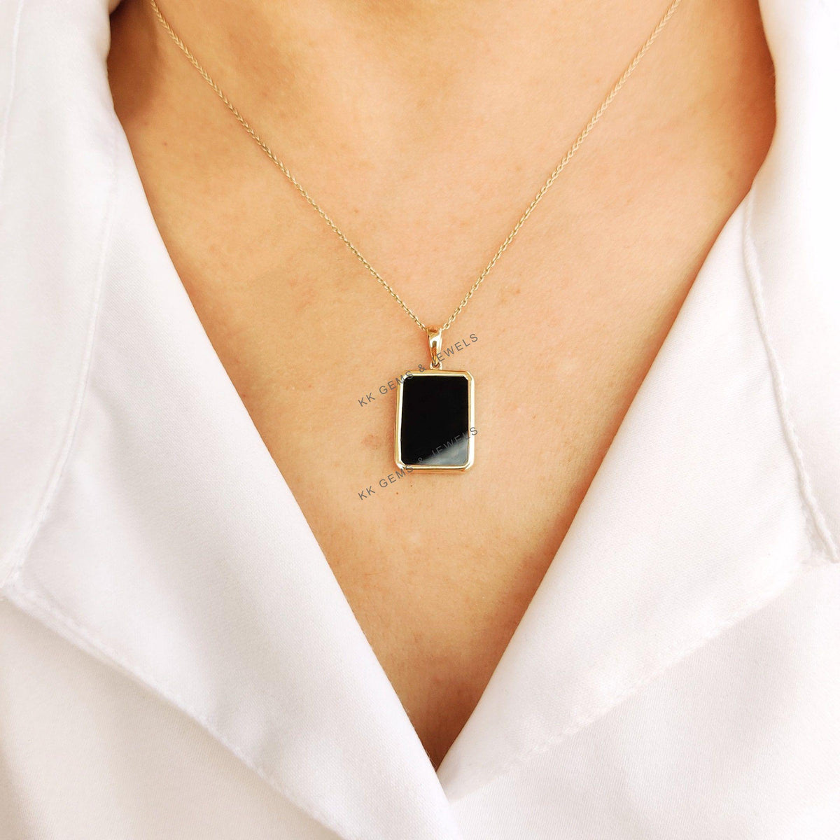 14K Solid Yellow Gold Natural Black Onyx Pendant, December Birthstone