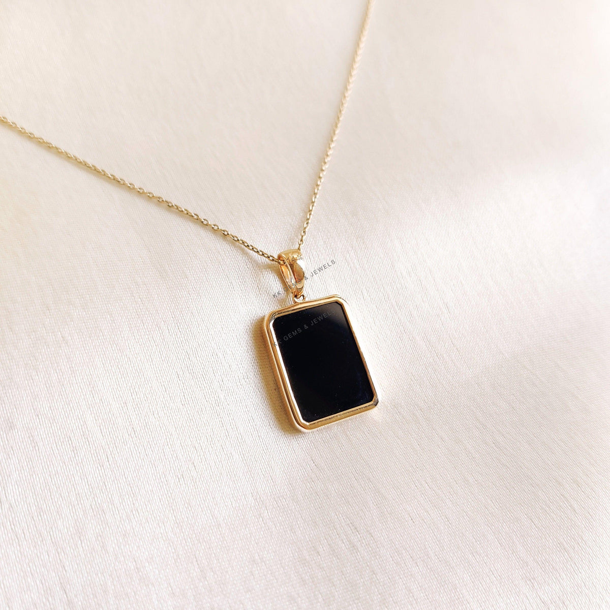 14K Solid Yellow Gold Natural Black Onyx Pendant, December Birthstone