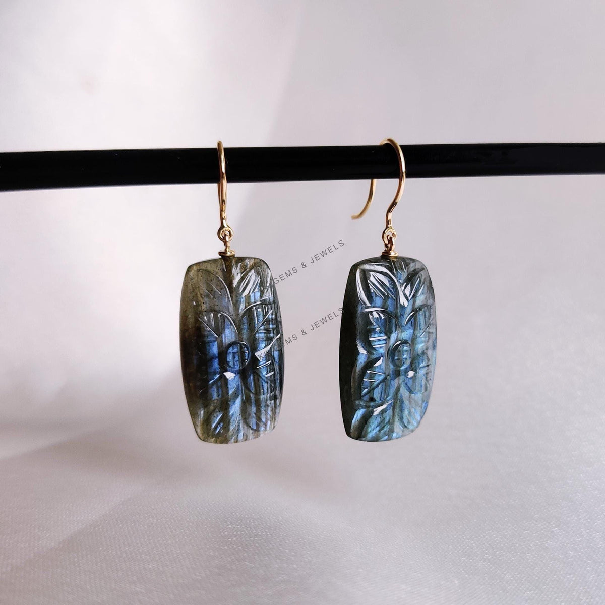 18K Solid Yellow Gold Natural Labradorite Carved Gemstone Danglers, August Birthstone
