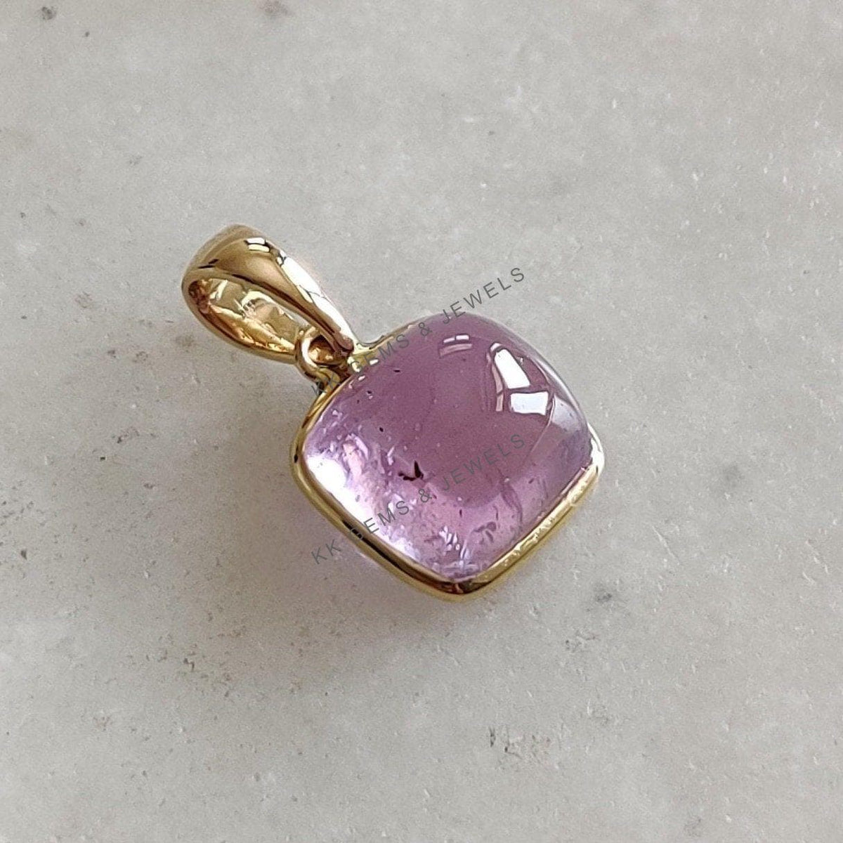 Natural Kunzite Pendant: 14K Solid Yellow Gold Square Bezel Pendant, February Birthstone