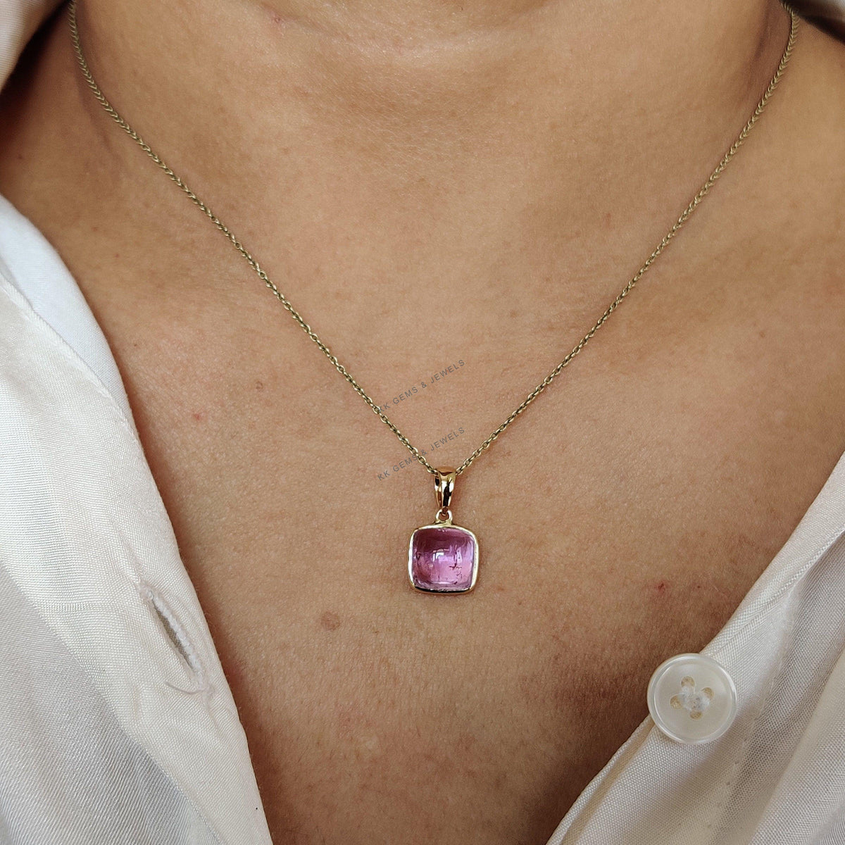 Natural Kunzite Pendant: 14K Solid Yellow Gold Square Bezel Pendant, February Birthstone