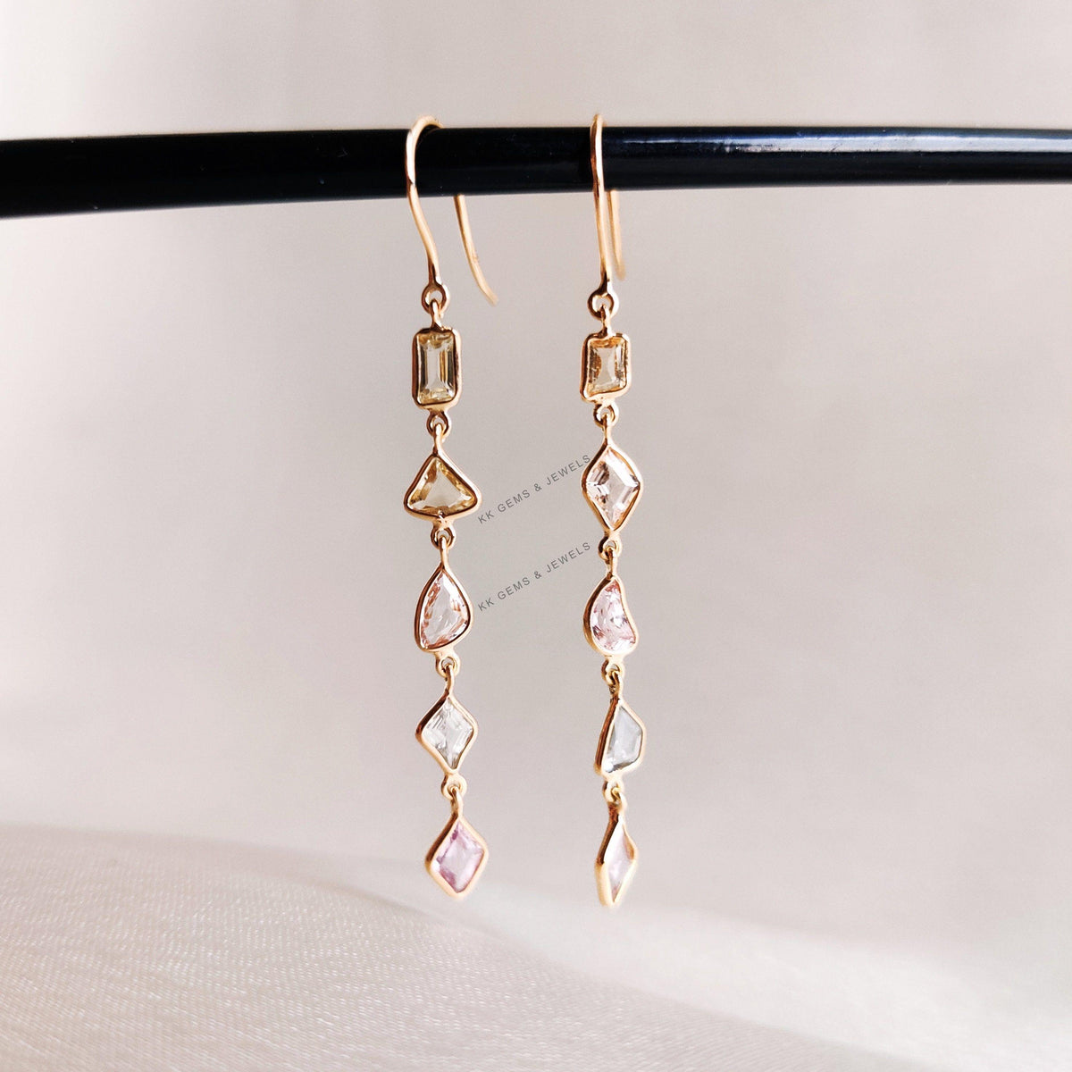 14K Solid Gold Natural Multi Sapphire Dangle Earrings, September Birthstone