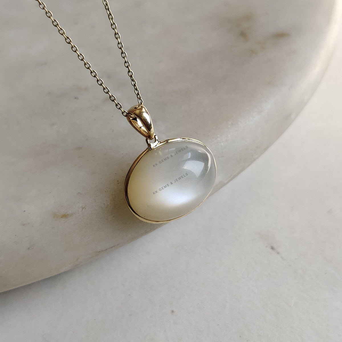 14K Solid Yellow Gold Natural White Moonstone Bezel Pendant, June Birthstone