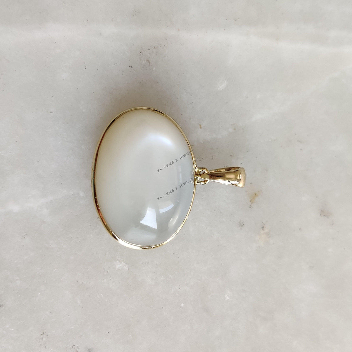 14K Solid Yellow Gold Natural White Moonstone Bezel Pendant, June Birthstone