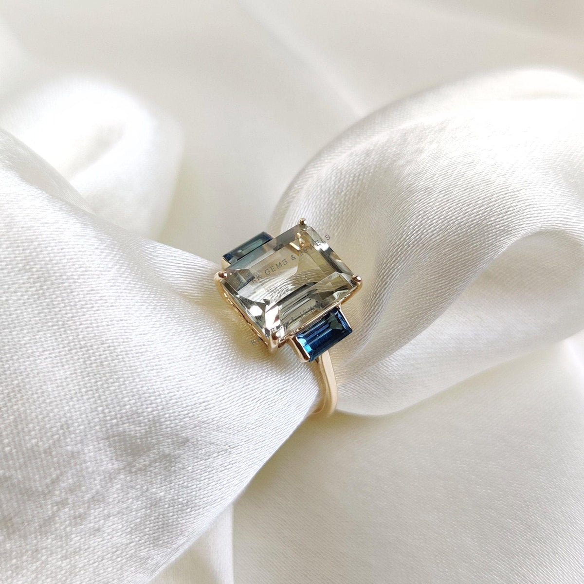 Natural Green Amethyst & London Blue Topaz Ring, 14K Solid Yellow Gold Statement Ring