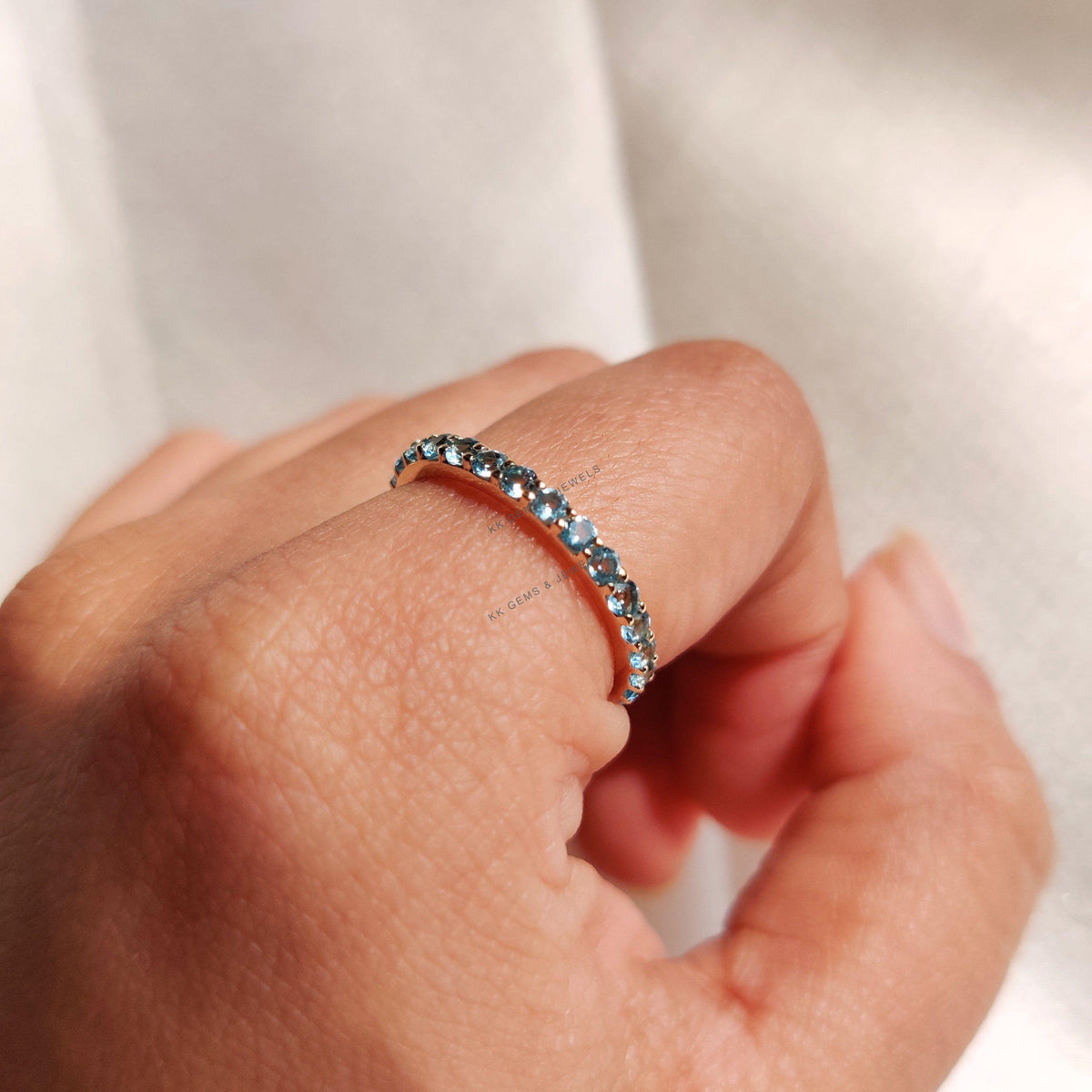 Natural Sky Blue Topaz Eternity Ring, 14K Solid Yellow Gold Infinity Band