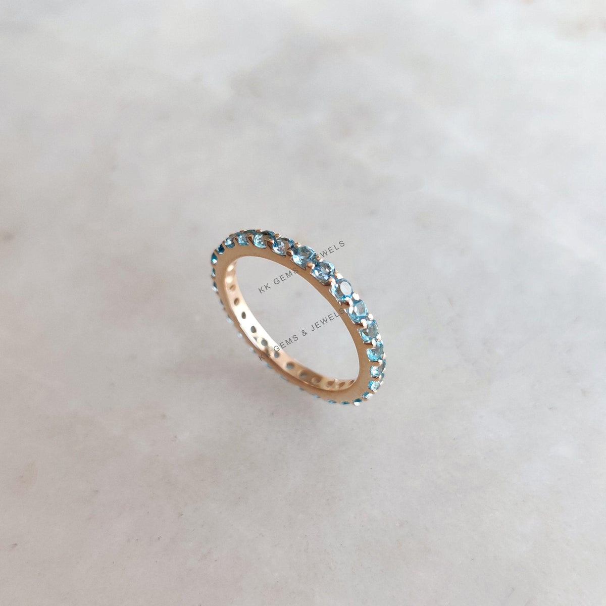 Natural Sky Blue Topaz Eternity Ring, 14K Solid Yellow Gold Infinity Band