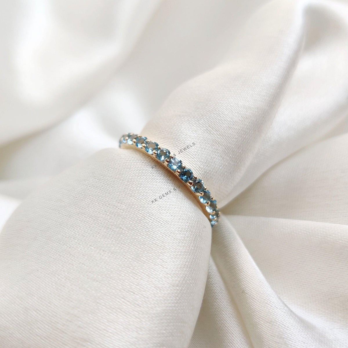 Natural Sky Blue Topaz Eternity Ring, 14K Solid Yellow Gold Infinity Band