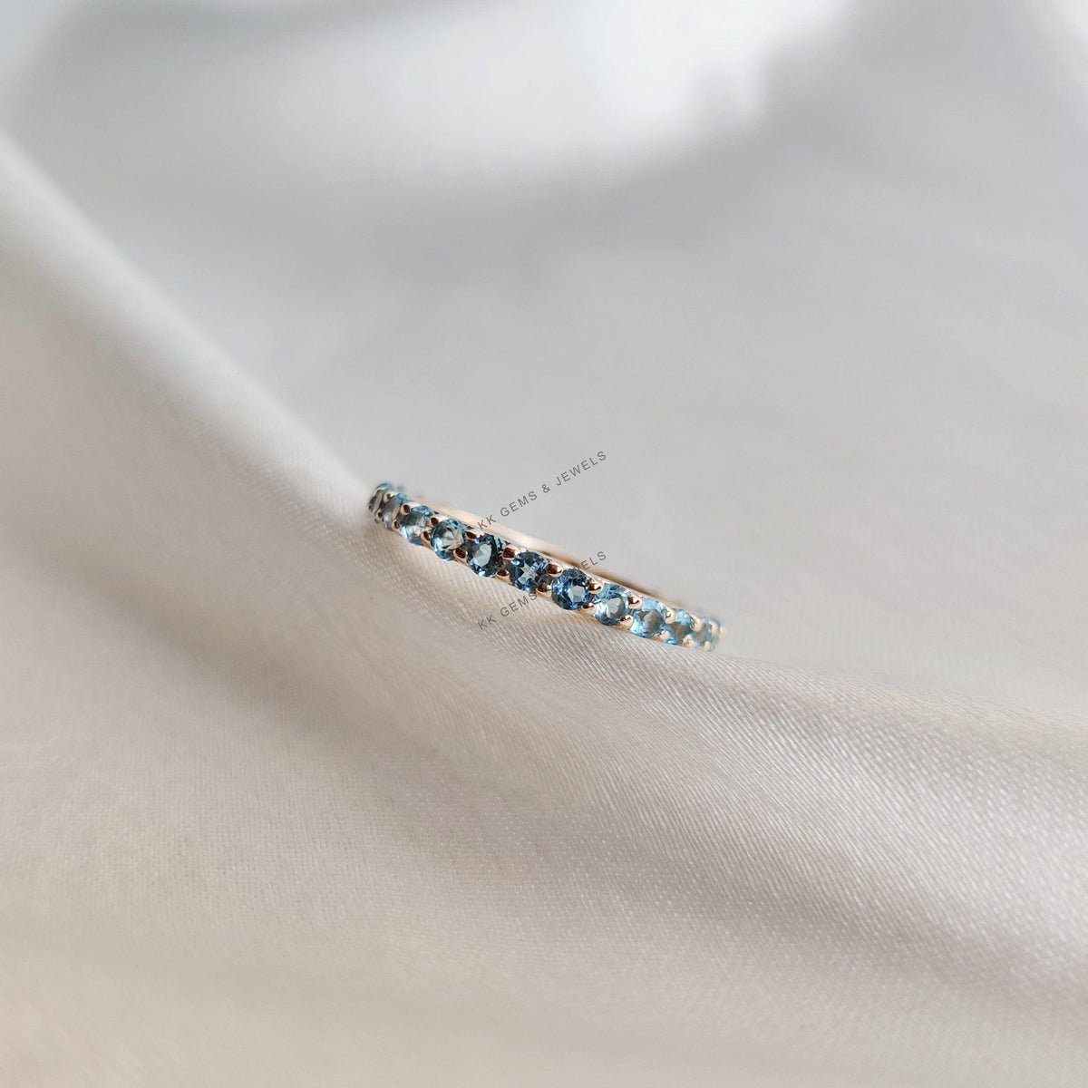 Natural Sky Blue Topaz Eternity Ring, 14K Solid Yellow Gold Infinity Band