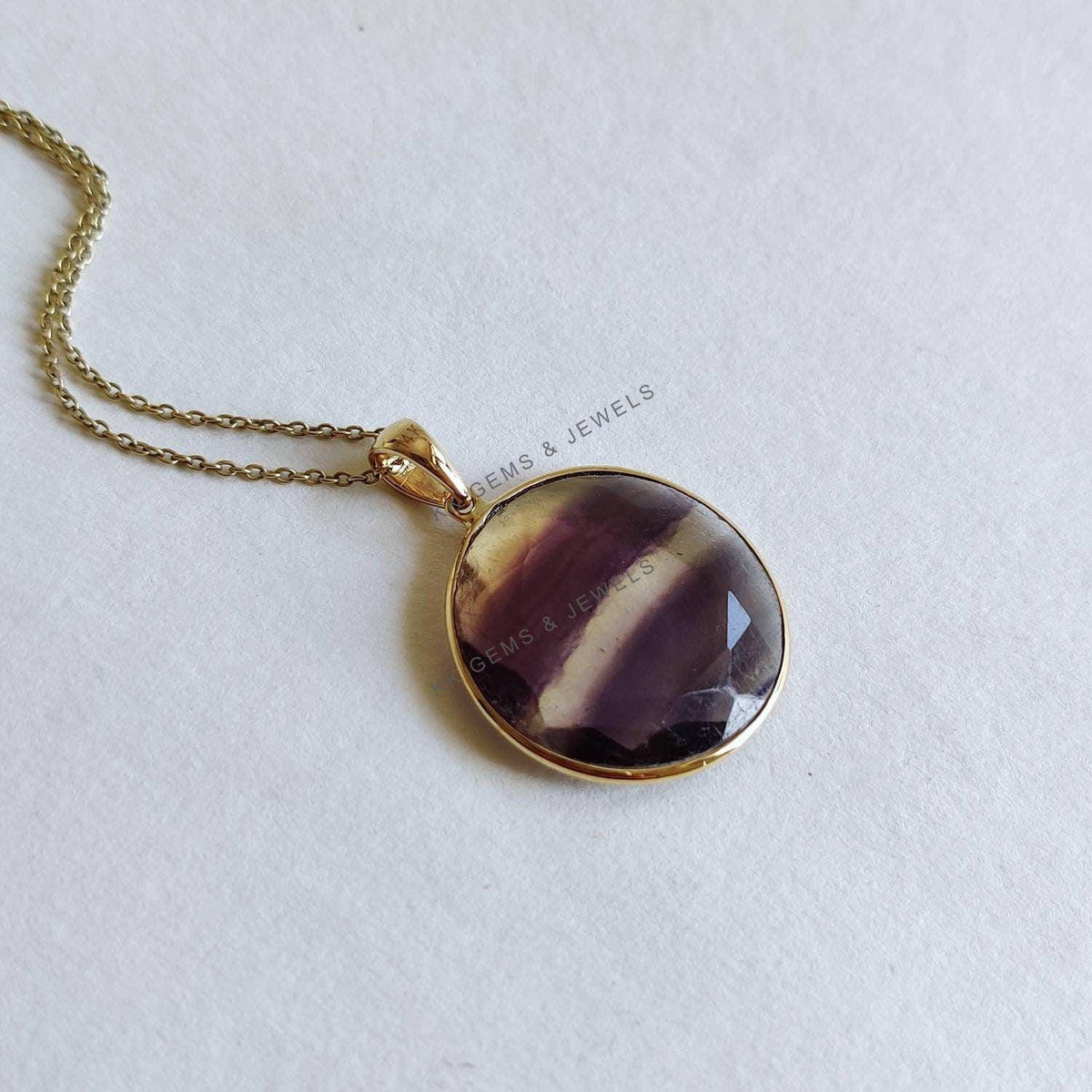 14K Solid Gold Round Natural Fluorite Pendant, March Birthstone Jewelry