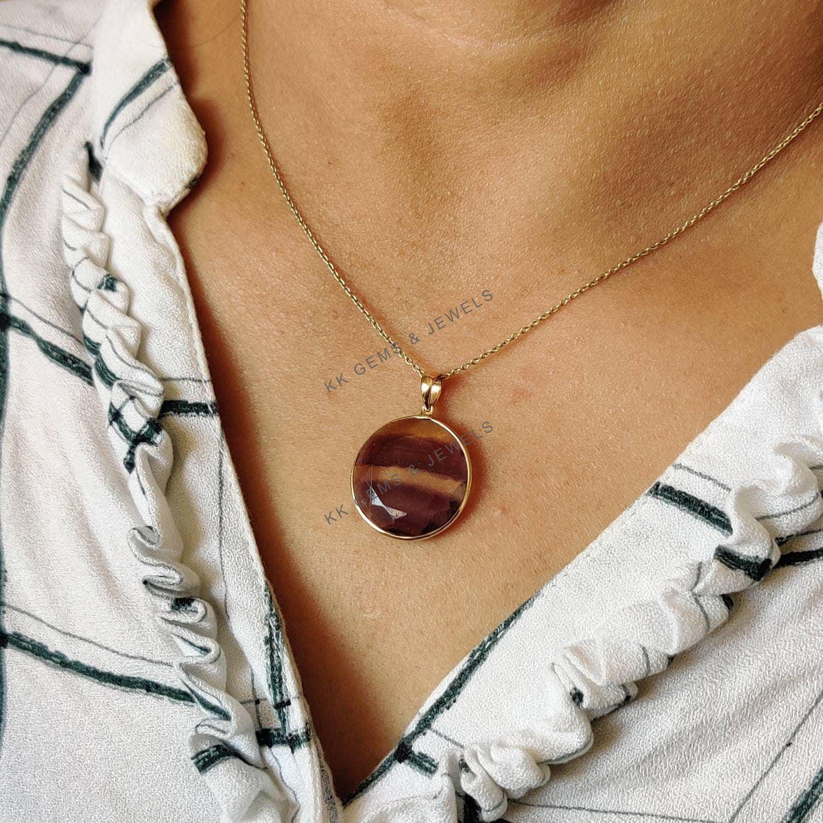 14K Solid Gold Round Natural Fluorite Pendant, March Birthstone Jewelry