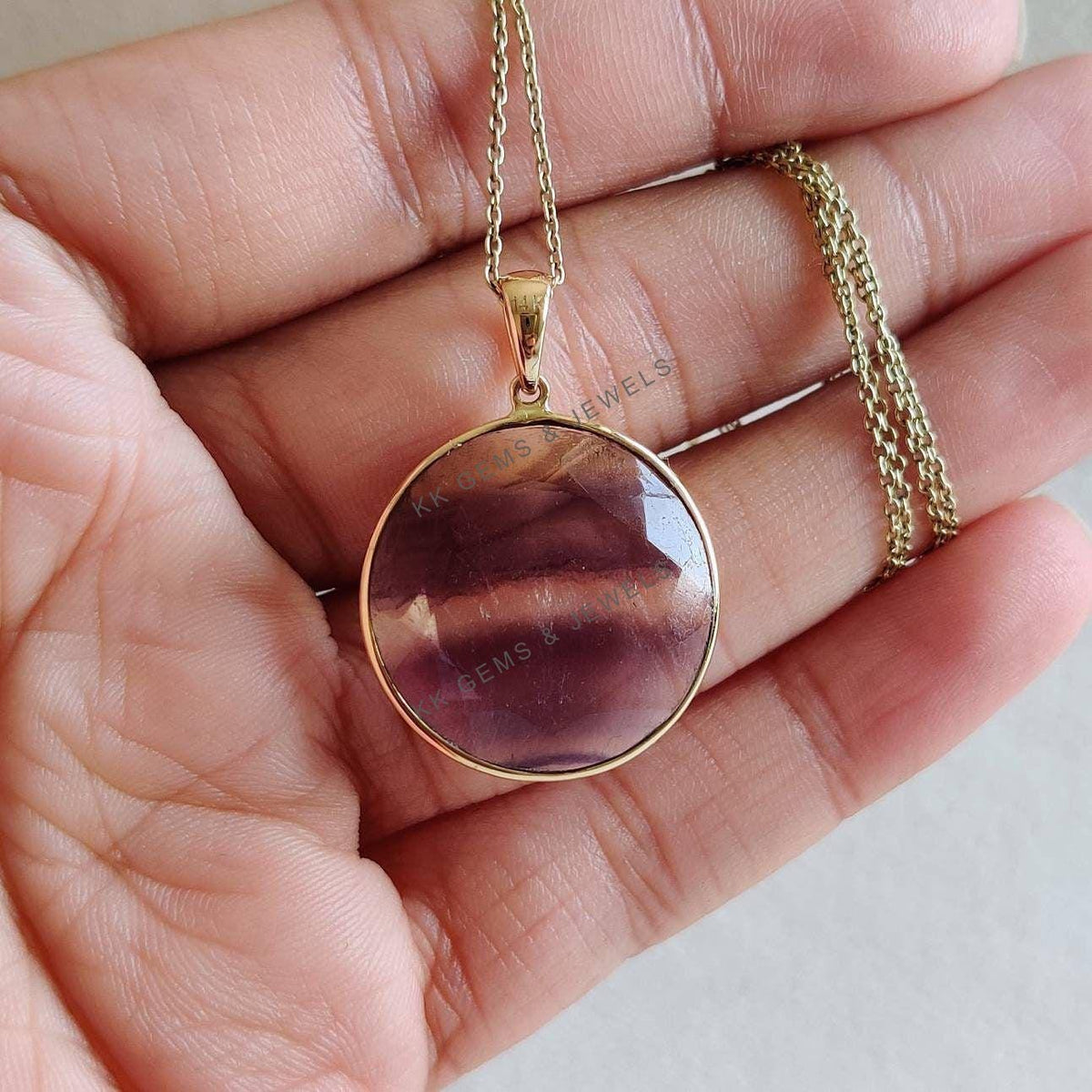14K Solid Gold Round Natural Fluorite Pendant, March Birthstone Jewelry