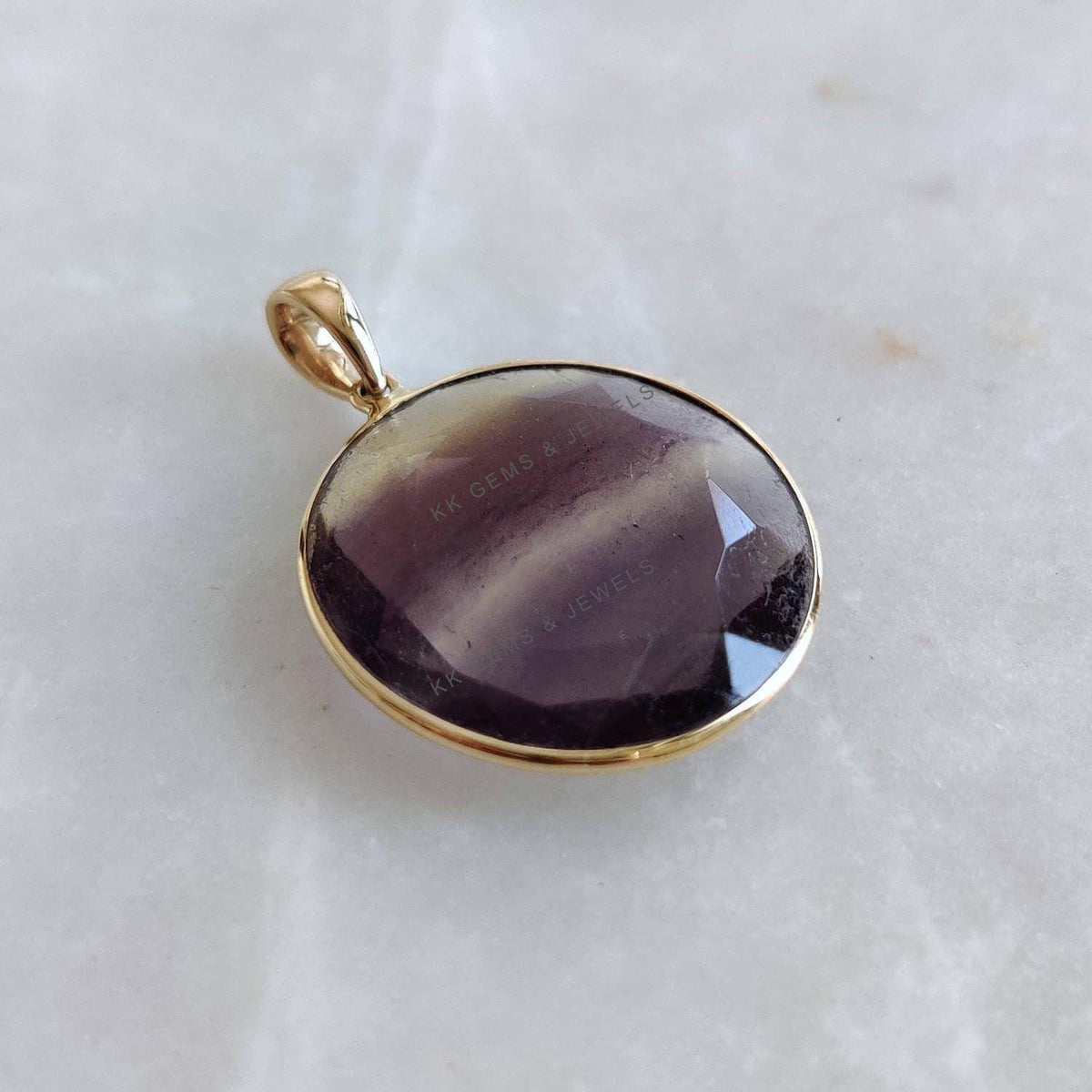14K Solid Gold Round Natural Fluorite Pendant, March Birthstone Jewelry