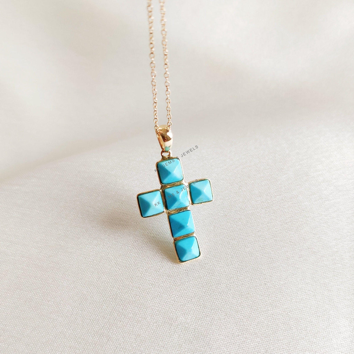 14K Solid Gold Natural Arizona Turquoise Cross Pendant, December Birthstone Christmas Gift