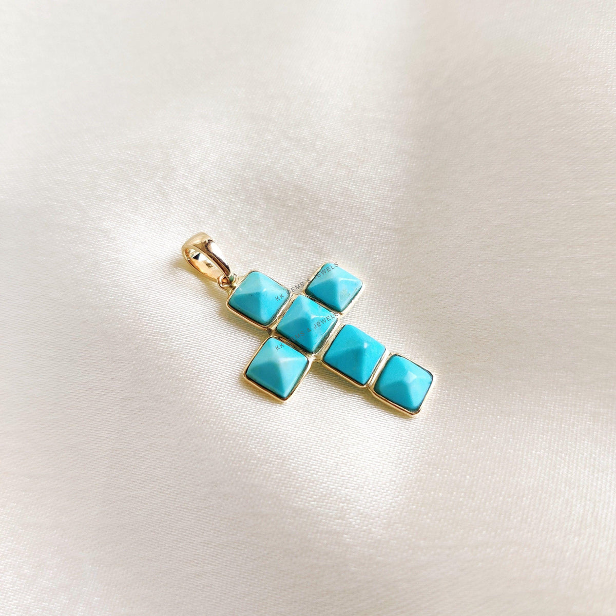 14K Solid Gold Natural Arizona Turquoise Cross Pendant, December Birthstone Christmas Gift