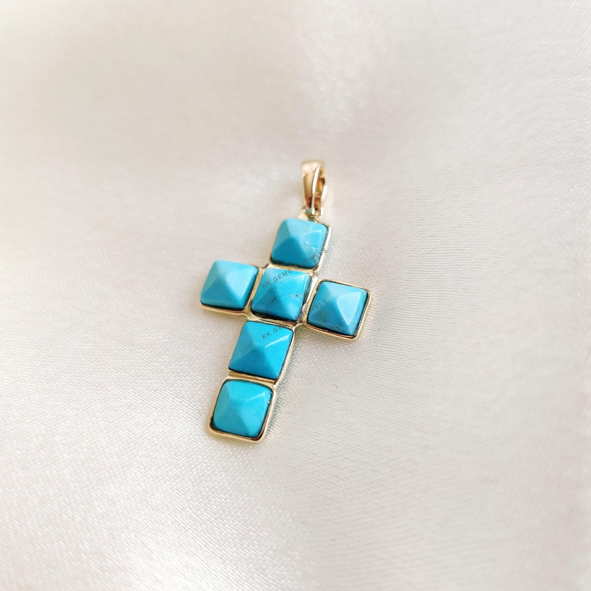 14K Solid Gold Natural Arizona Turquoise Cross Pendant, December Birthstone Christmas Gift