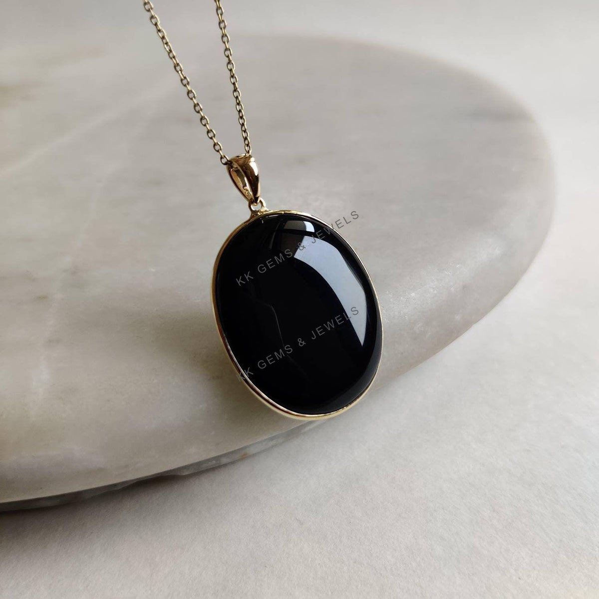 14K Solid Yellow Gold Natural Black Onyx Pendant, December Birthstone, Bezel Pendant, Christmas Present