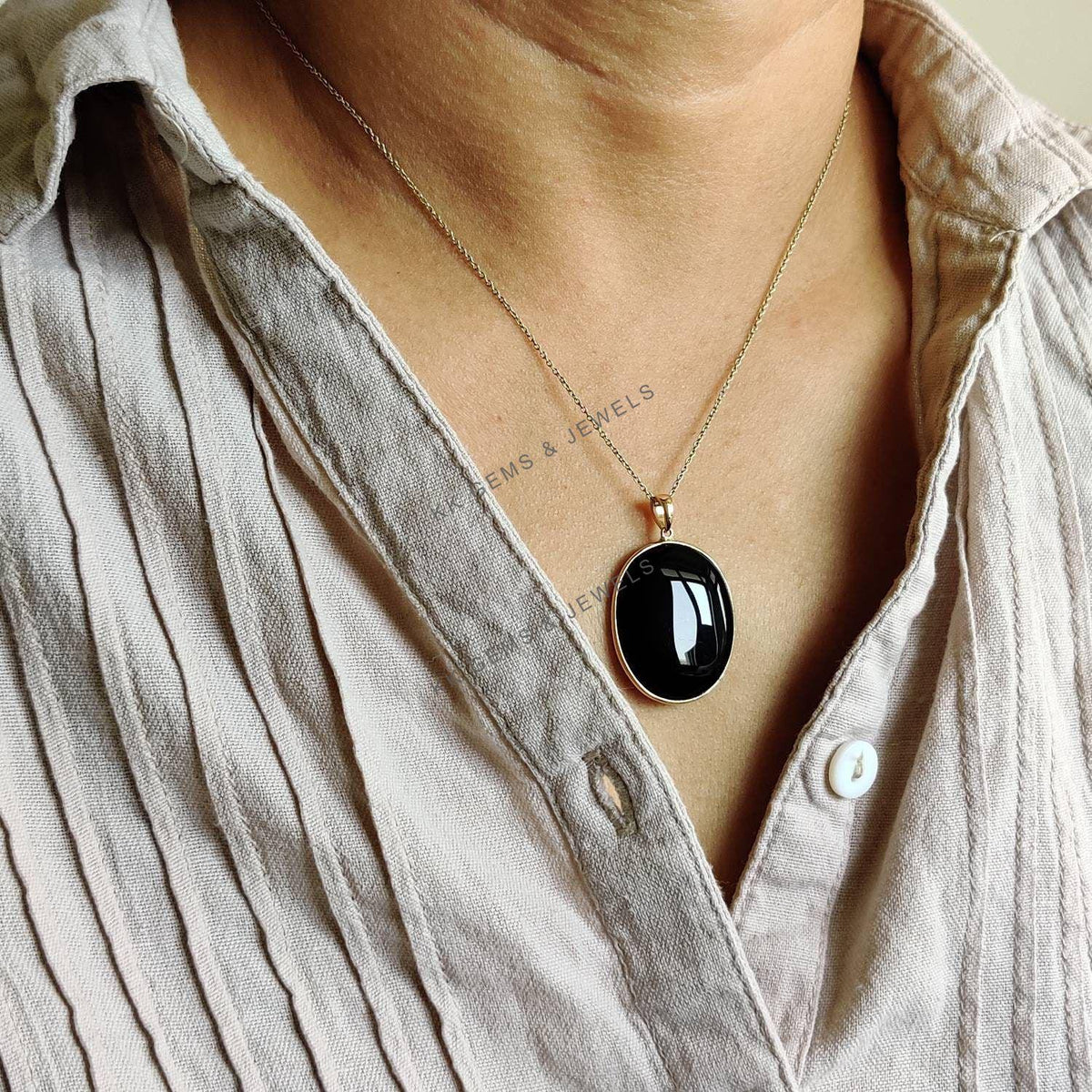 14K Solid Yellow Gold Natural Black Onyx Pendant, December Birthstone, Bezel Pendant, Christmas Present
