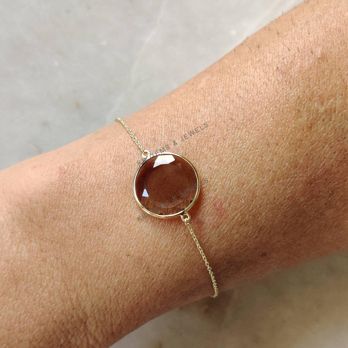14K Solid Yellow Gold Natural Smoky Quartz Bracelet, Gemstone Chain