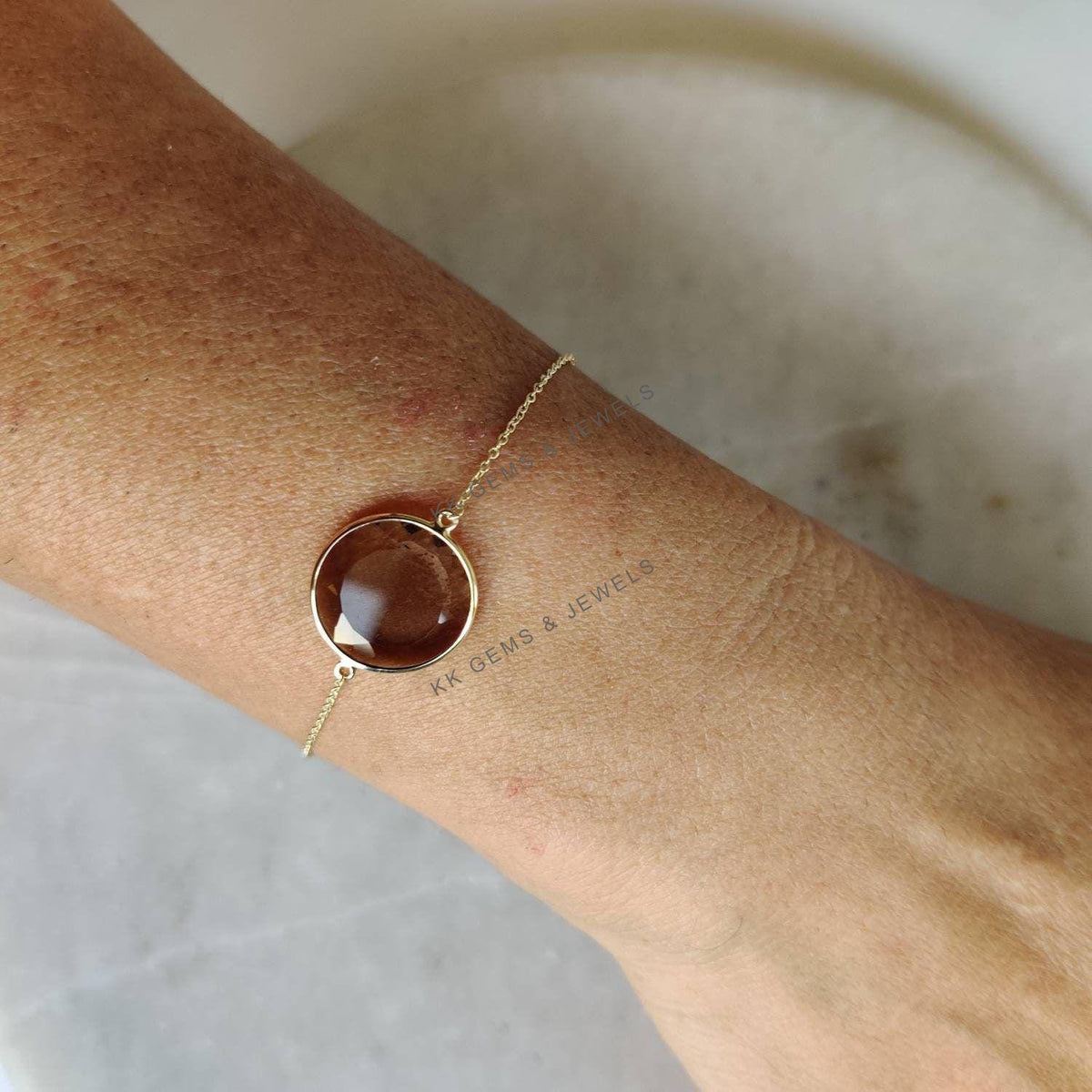 14K Solid Yellow Gold Natural Smoky Quartz Bracelet, Gemstone Chain