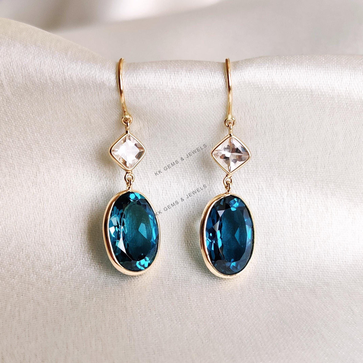 Natural London Blue Topaz & Morganite Earrings, 14K Solid Yellow Gold Bezel Dangle