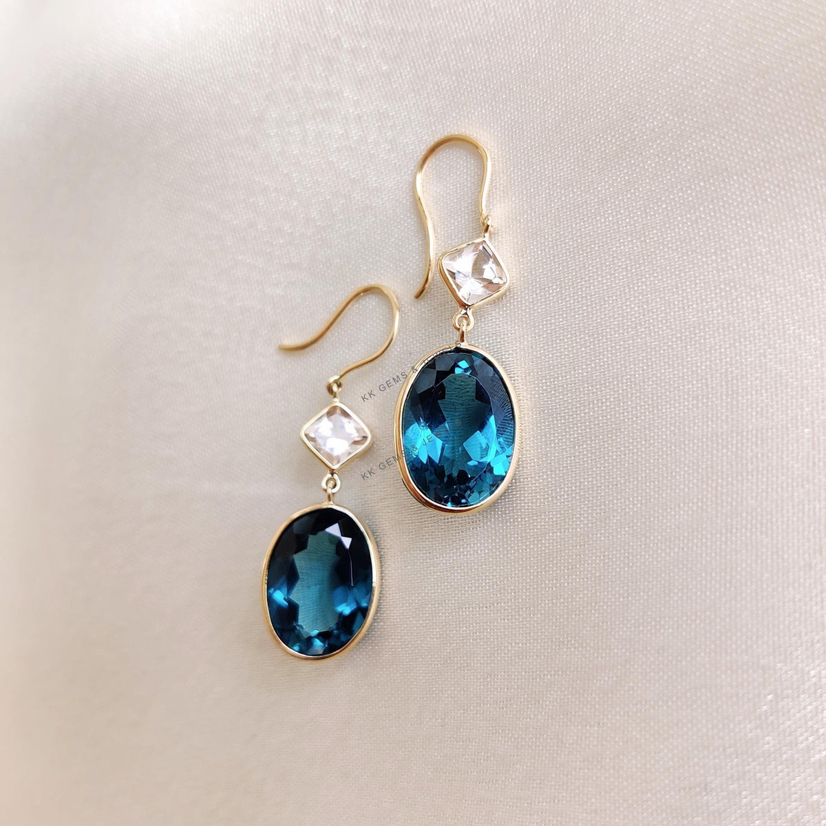 Natural London Blue Topaz & Morganite Earrings, 14K Solid Yellow Gold Bezel Dangle