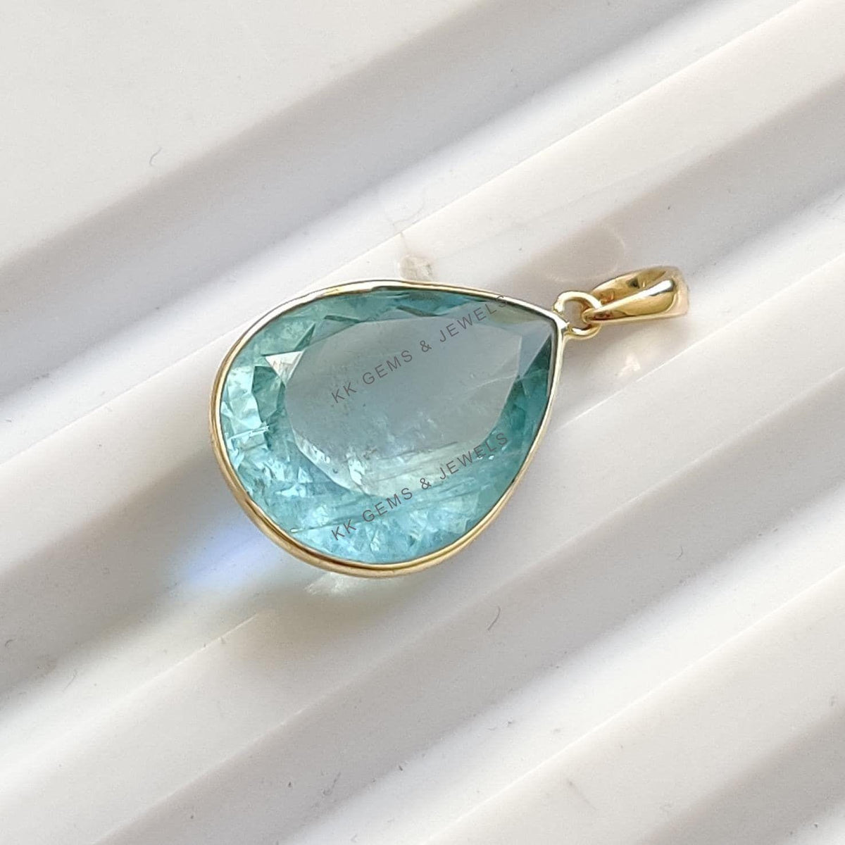 14K Solid Yellow Gold Natural Aquamarine Pendant, Pear Cut, March Birthstone