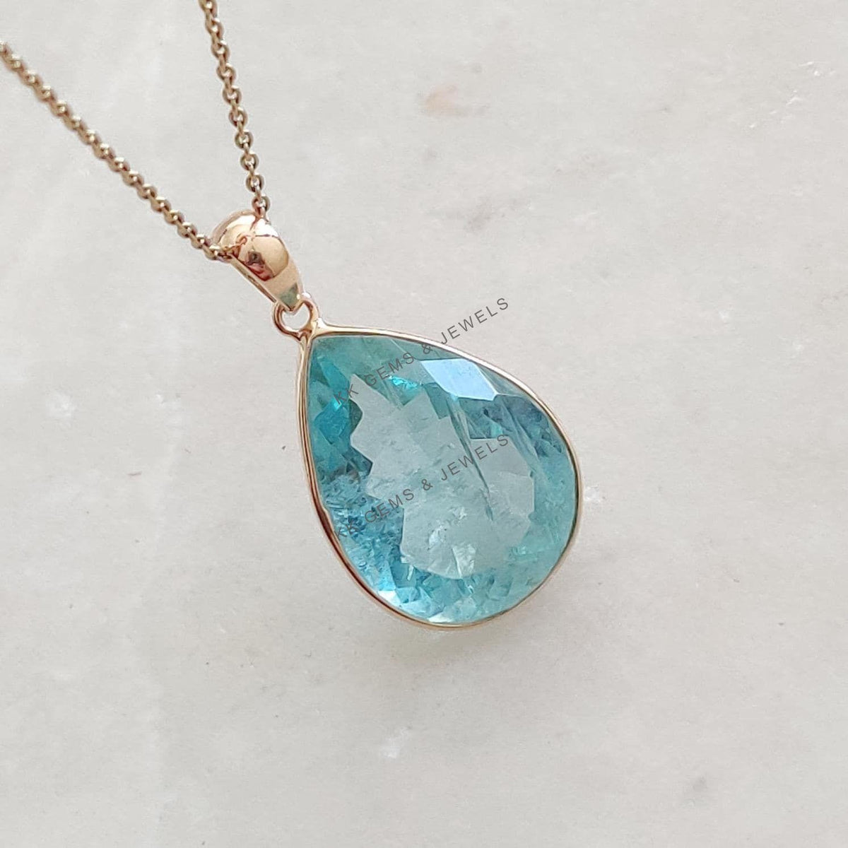 14K Solid Yellow Gold Natural Aquamarine Pendant, Pear Cut, March Birthstone