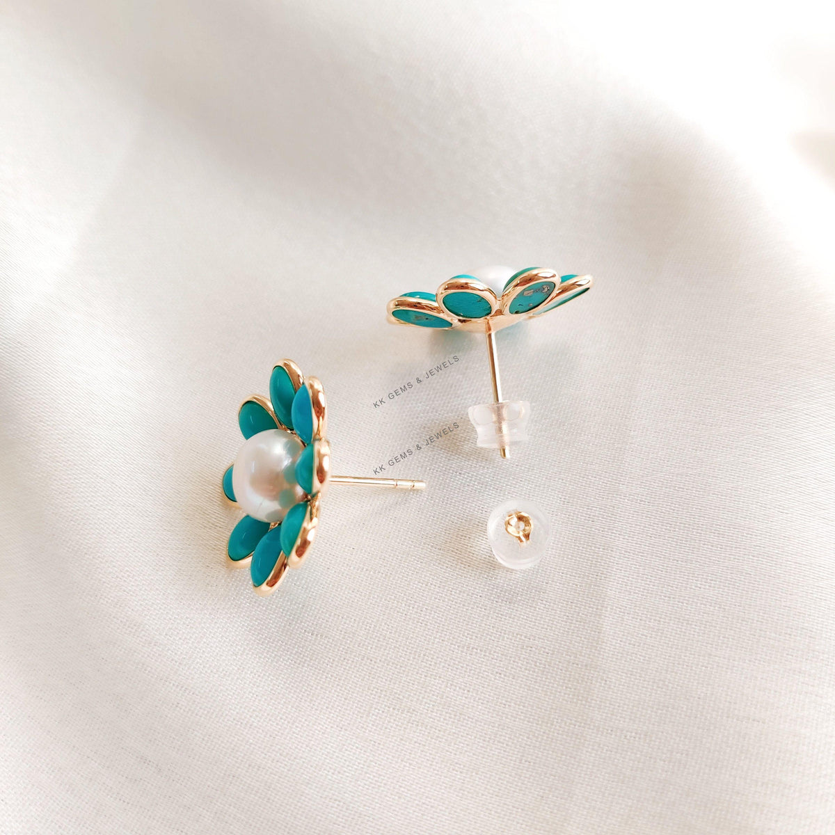 14K Solid Yellow Gold Natural Arizona Turquoise & Pearl Flower Earrings, Christmas Present