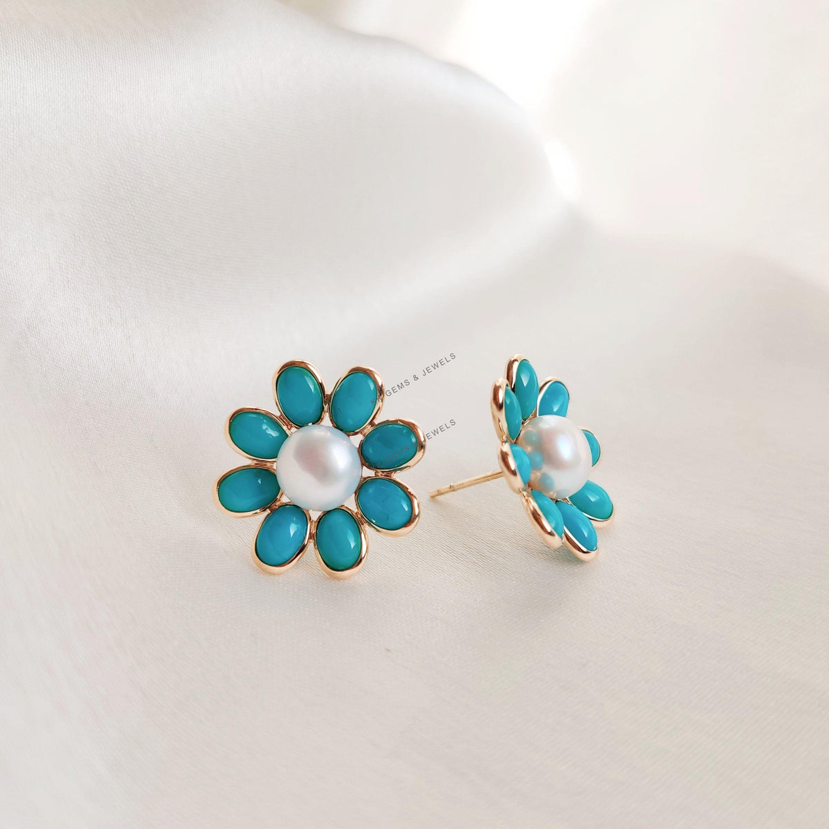 14K Solid Yellow Gold Natural Arizona Turquoise & Pearl Flower Earrings, Christmas Present