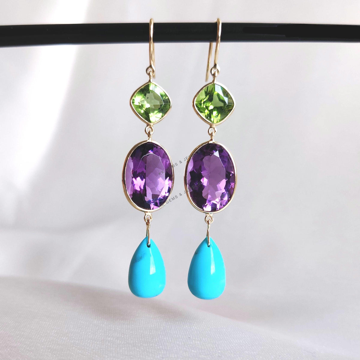 14K Solid Gold Natural Purple Amethyst & Peridot and Turquoise Dangle Earrings